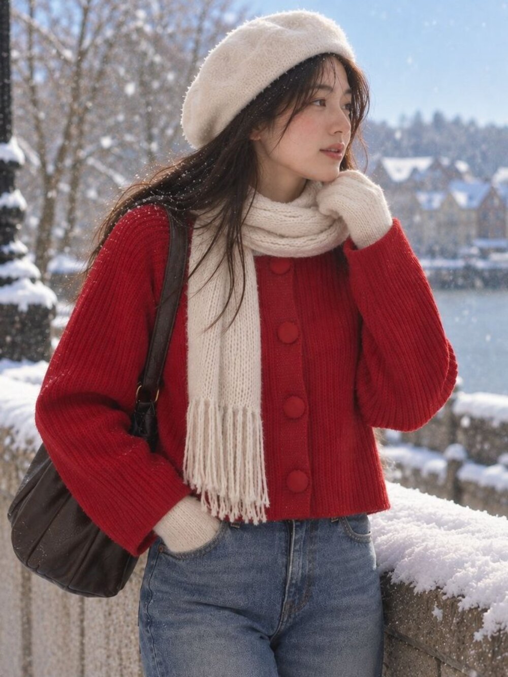 Vtg 90s Lord & Taylor Red Wool Angora Short Cardigan Sweater Sz L Grandmacore